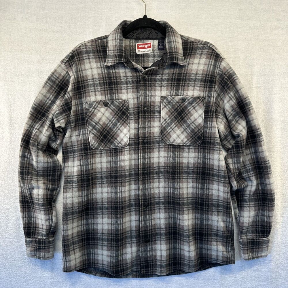 Wrangler Shacket Sz M Gray Tones Plaid Fleece Button Up Long Sleeve Western Work